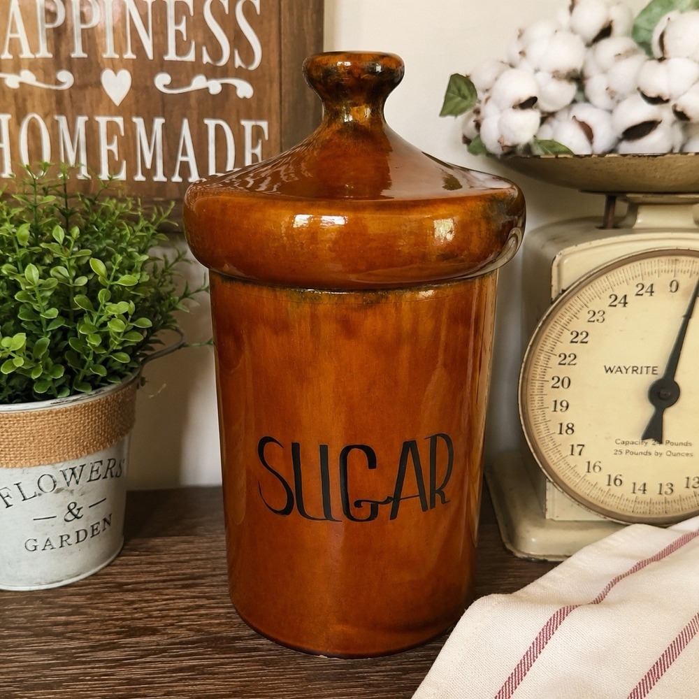 VTG MCM Mushroom Brown Drip Glaze XL Sugar Canister Holiday Designs USA